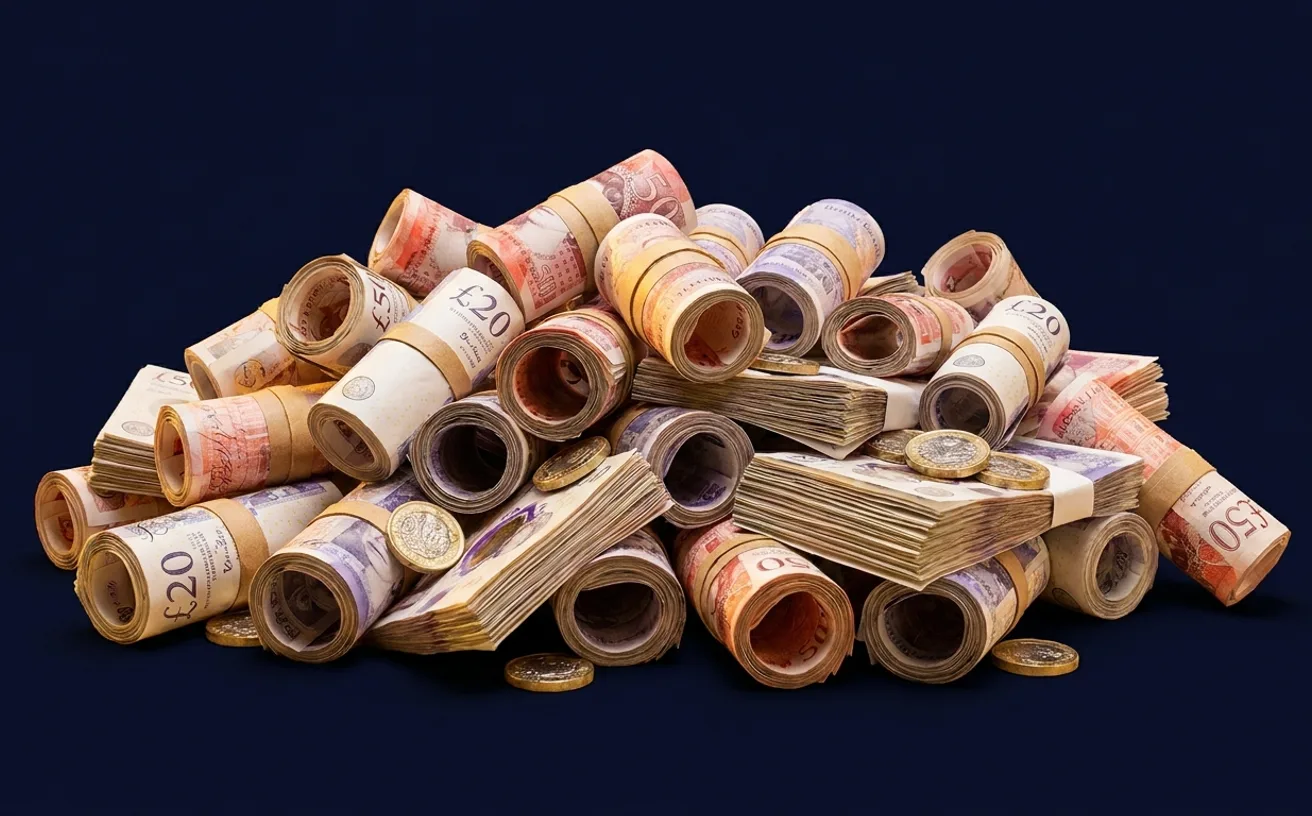 A pile of rolled and banded twenty and fifty pound notes heaped on a deep navy ground